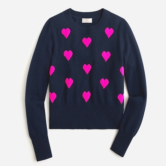 J. Crew Navy Cashmere Sweater with Pink Hearts - Picture 1 of 5